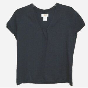 Talbots Women Size L Knit Pullover Top Blouse Navy Blue V-neck Cap Sleeves